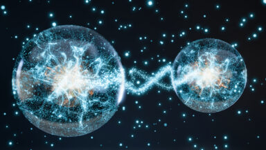 Futuristic 3D Animation of Two Glowing Quantum Spheres Connecting Through Dynamic Particles, Illustrating Quantum Entanglement.