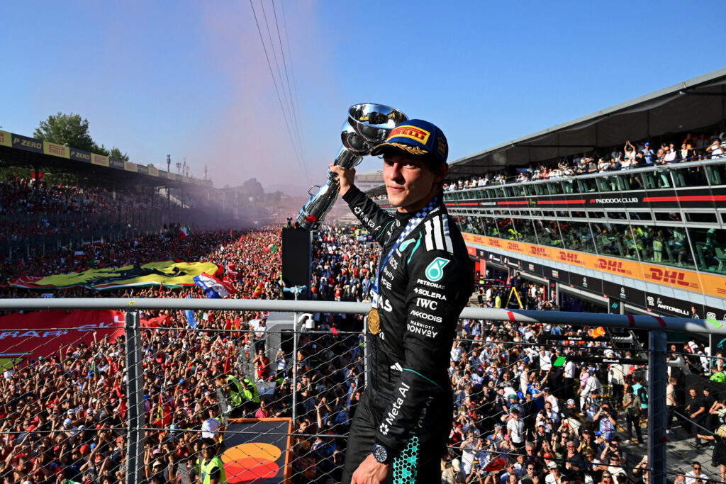 MONZA, ITALY - SEPTEMBER 06: Race winner Andrea Kimi Antonelli of Italy and Mercedes AMG Petronas F1 Team on the podium with his trophy during the F1 Grand Prix of Italy at Autodromo Nazionale Monza on September 06, 2026 in Monza, Italy. (Photo by Mark Sutton - Formula 1/Formula 1 via Getty Images)