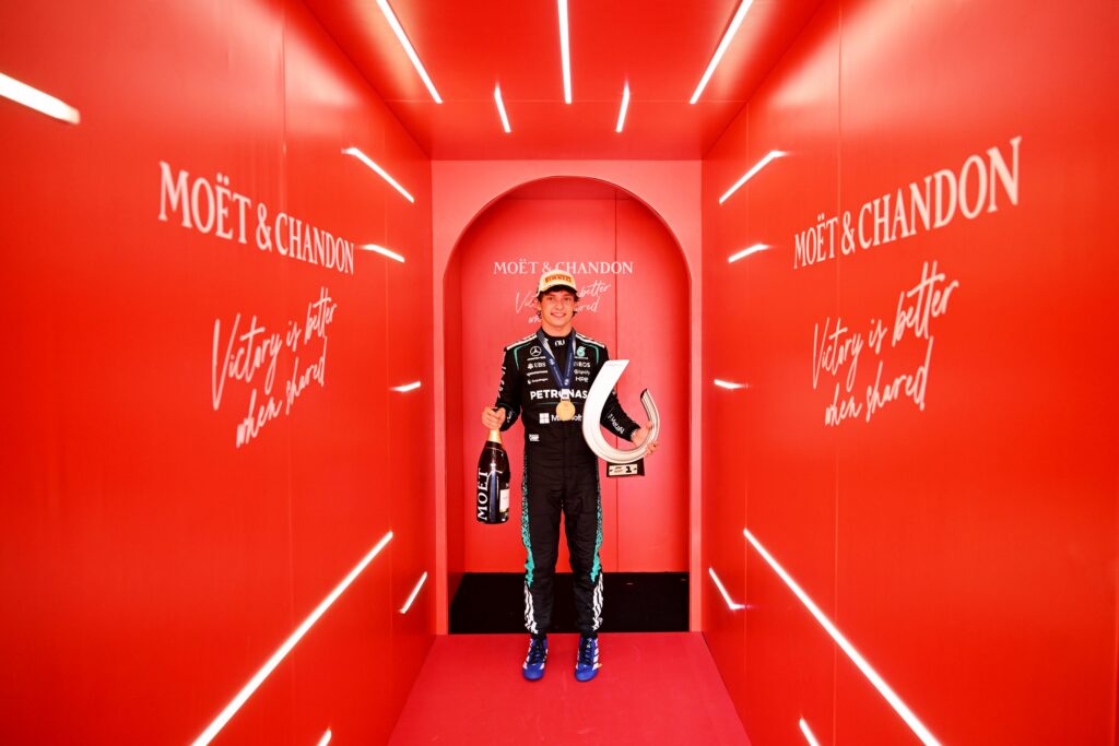MADRID, SPAIN - SEPTEMBER 13: Race winner Andrea Kimi Antonelli of Italy and Mercedes AMG Petronas F1 Team celebrates in the cooldown room during the F1 Grand Prix of Spain at Madring on September 13, 2026 in Madrid, Spain. (Photo by Mark Sutton - Formula 1/Formula 1 via Getty Images)