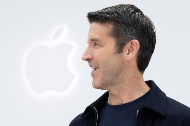 Apple CEO John Ternus stands at Apple's "Surprise and Shine" event at the company's corporate headquarters, Apple Park, on September 9, 2026 in Cupertino, California. The image shows the head and shoulders of Ternus in side profile with the Apple logo in white in the background.