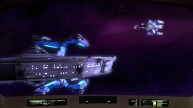 Two images of an identical starship against a black background.