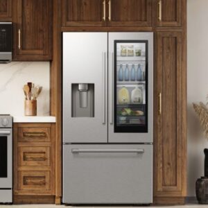 A kitchen with a Samsung Bespoke AI refrigerator.