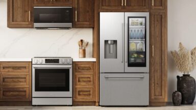 A kitchen with a Samsung Bespoke AI refrigerator.
