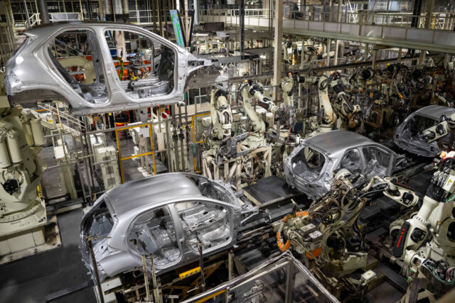 Robotic arms on the vehicle assembly line at the Toyota Motor Manufacturing Czech Republic s.r.o. plant in Kolin, Czech Republic, on Feb. 2, 2026.