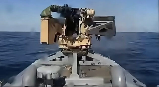 A 12.7mm machine gun mounted on a remote weapon station on a Ukrainian Sargan-3000 drone boat.