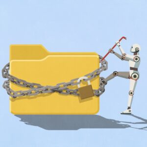 Illustration of a robot prying out a locked file.