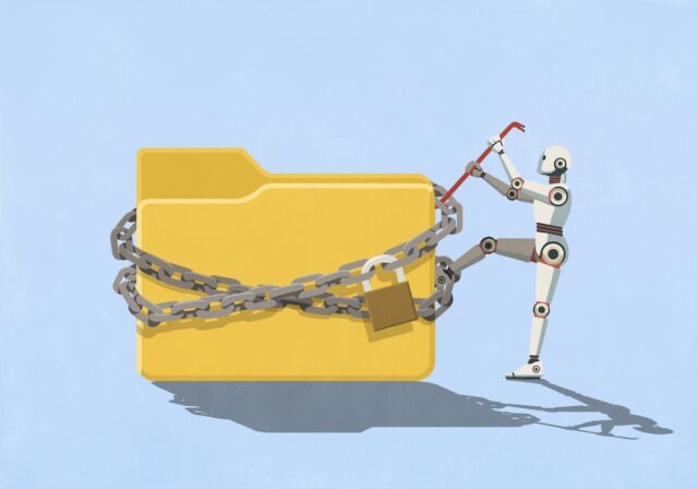 Illustration of a robot prying out a locked file.