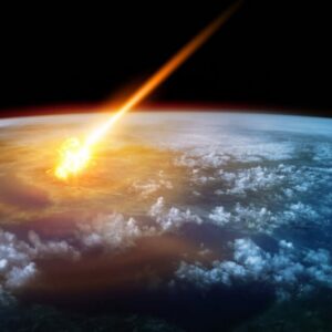 An image of an asteroid with Earth in the background.
