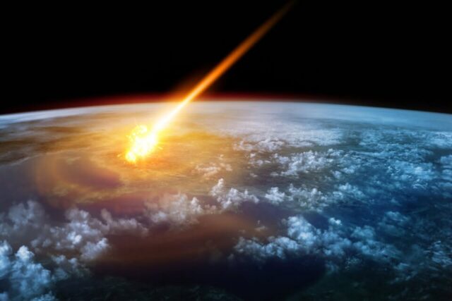 An image of an asteroid with Earth in the background.