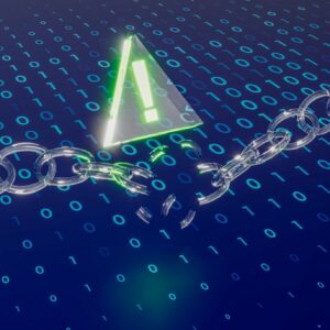 A transparent digital chain breaking at its weakest point over a binary code background.