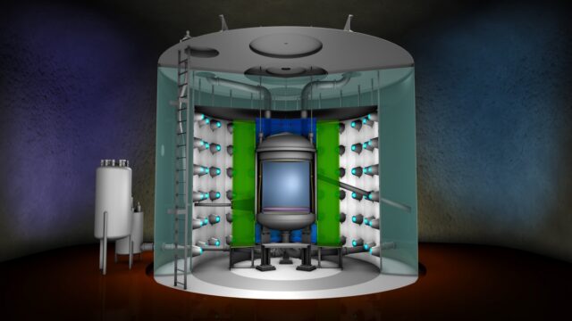 LZ uses a cylindrical chamber full of liquid xenon to look for dark matter. It is surrounded by additional layers to detect or block background particles.