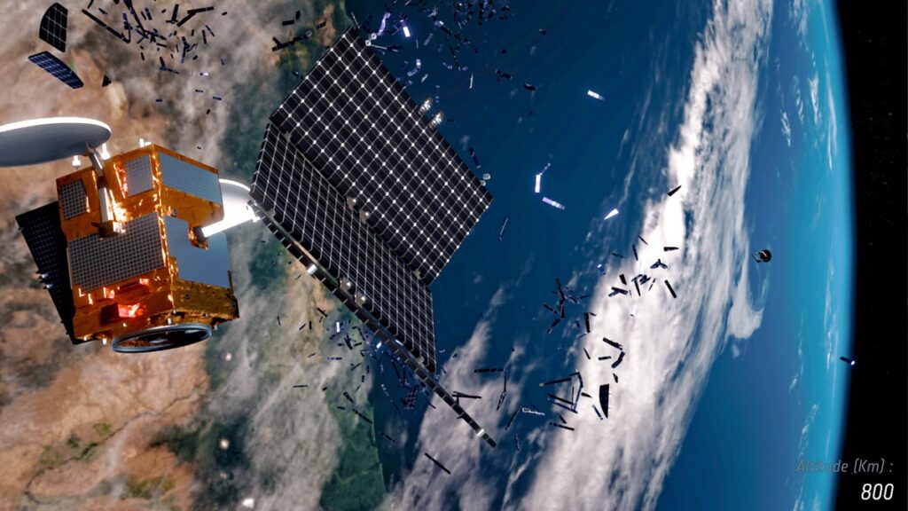 Illustration of a satellite breaking up into multiple pieces at higher altitudes