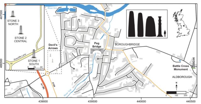 LocationandappearanceoftheDevil’sArrowsonthewesternoutskirtsofBoroughbridge,Yorkshire.Theinsetsshow thealignmentandspacingofthethreesurvivingstones,alongwithscaledprofilesoftheDevil’sArrowsandtheBattleCross Monument