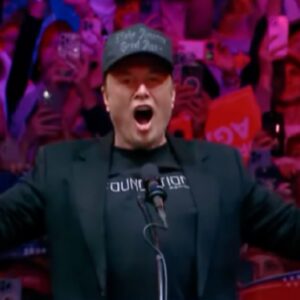 screenshot of Elon Musk at a 2024 Trump campaign rally, with arms raised up as he shouts into a microphone