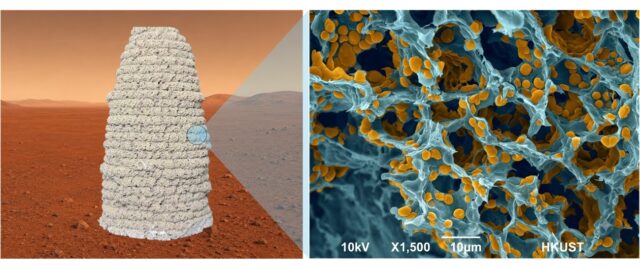 Living building material can be 3D printed under simulated Martian conditions at –30°C and 0.01 atm (left). A microscopic view reveals the material’s porous structure with polymers and engineered yeast highlighted in yellow (right).