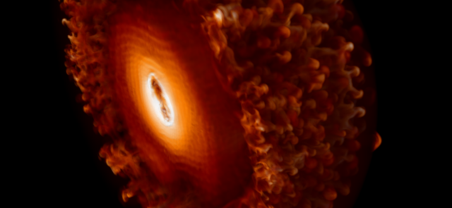 A cutaway of a sphere, showing ever-brighter layers of orange as you move towards the center.