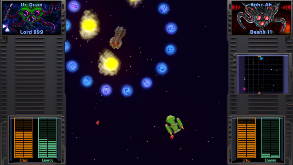 Screenshot of 1-v-1 combat in the demo, showing an Ur-Quan Dreadnought fighting a Kohr-Ah Marauder