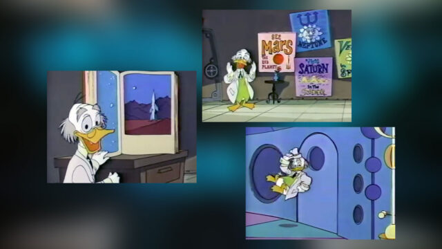 Montage of three stills from an an animated television show showing a duck in a scientist's lab coat explaining concepts related to space flight.
