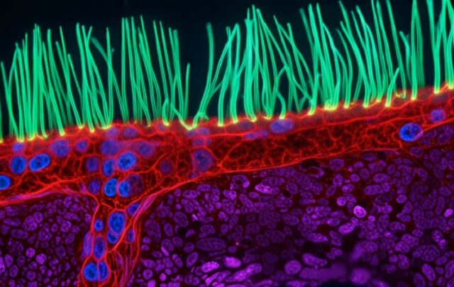 still image from video showing abnormal beating of airway cilia from a cold with a genetic disorder affecting respiratory function