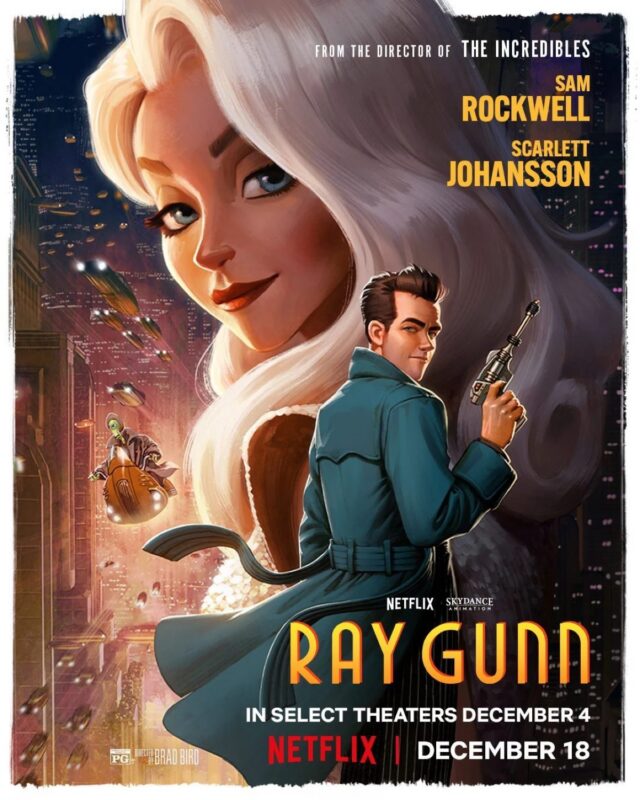 poster art for animated feature film Ray Gunn, featuring sultry blonde woman and a hard boiled animated PI