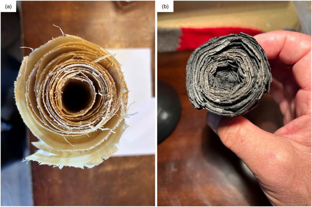 a) One of several papyrus scrolls before carbonization and (b) after carbonization.