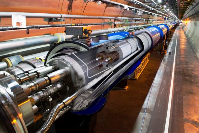 The Large Hadron Collider (LHC) accelerator in the tunnel at CERN.