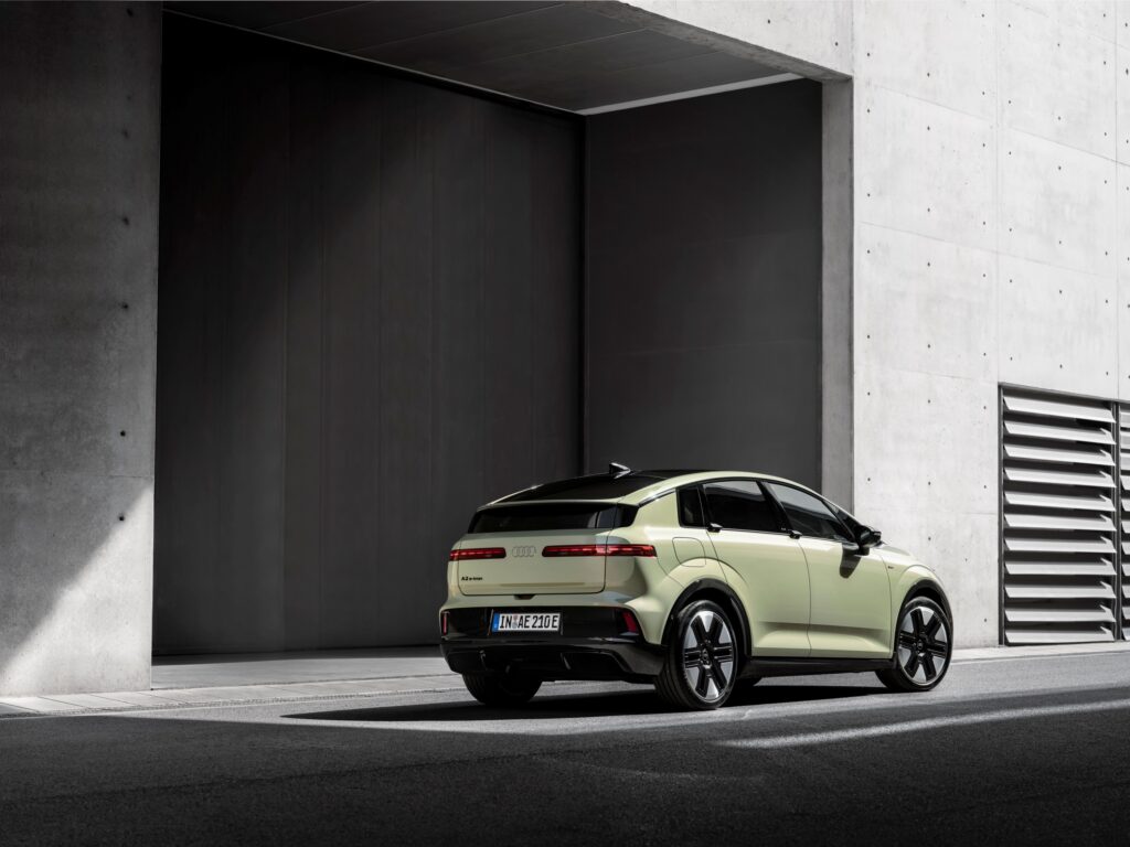 Audi A2 e-tron Colour: pistachio green, outdoor static shot, exterior, rear three-quarter view