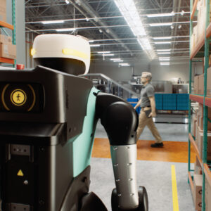 Agility Robotics' Digit humanoid robot uses NVIDIA's Halos system to help safely work around humans. The humanoid robot is seen from behind while standing in a warehouse aisle as a person passes by in the distance.