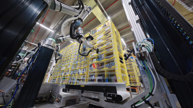 The Vulcan robotic arm has force feedback sensors that provide a sense of touch as it picks and stows items within tall inventory pods.