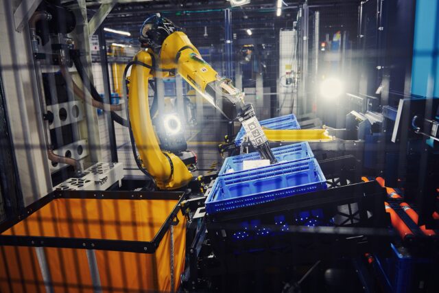 A robotic arm system called Sparrow can handle millions of different products while packing container-size totes.