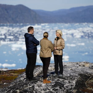 European Commission President Ursula von der Leyen (R), Greenland's Prime Minister Jens-Frederik Nielsen (L) and Denmark's Prime Minister Mette Frederiksen visit Qoornoq, an abandoned settlement on the island of Qaarusuup Nunaa, also called 'Bear Island', Greenland on September 6, 2026.