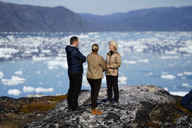 European Commission President Ursula von der Leyen (R), Greenland's Prime Minister Jens-Frederik Nielsen (L) and Denmark's Prime Minister Mette Frederiksen visit Qoornoq, an abandoned settlement on the island of Qaarusuup Nunaa, also called 'Bear Island', Greenland on September 6, 2026.