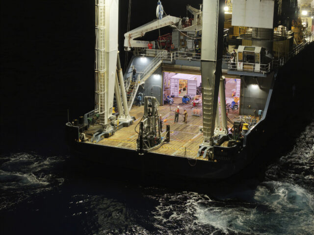 A subsea lander drill used for making undersea geothermal wells sits on the deck of the ship Ocean Guardian.