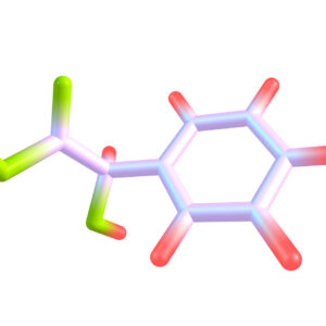 A diagram of a chemical consisting of a ring and branched carbon chain, displayed using colored rods.