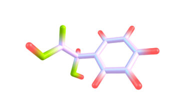 A diagram of a chemical consisting of a ring and branched carbon chain, displayed using colored rods.