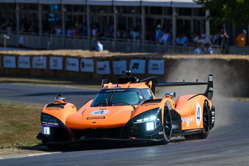 CHICHESTER, ENGLAND - JULY 10: Lando Norris of McLaren drives the McLaren MCL-HY Hypercar as it makes its public debut during the Goodwood Festival of Speed at Goodwood Motor Circuit on July 10, 2026 in Chichester, England. (Photo by Jakob Ebrey/Getty Images)