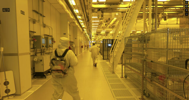 The interior of Intel's chip manufacturing facility named Fab 52 in Chandler, Arizona.