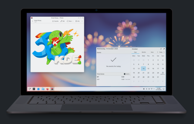 A laptop sits with an open window showing the date is Oct 14, 2026, and another with a logo celebrating KDE's 30th birthday.