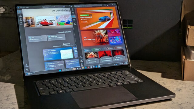 The MS Surface Laptop Ultra displays AI Dev Gallery and a gaming launcher