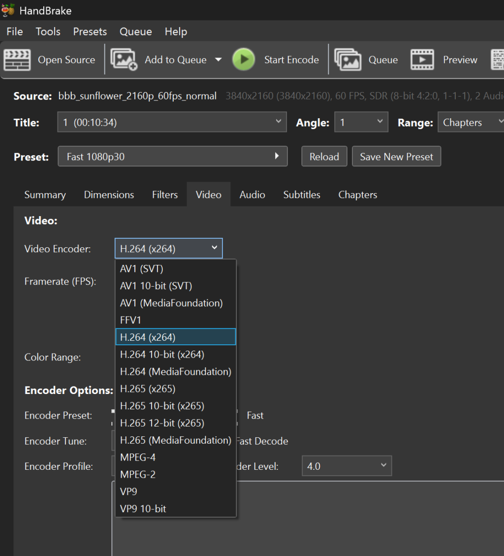 The Handbrake video tab shows that Nvidia encoding options are missing