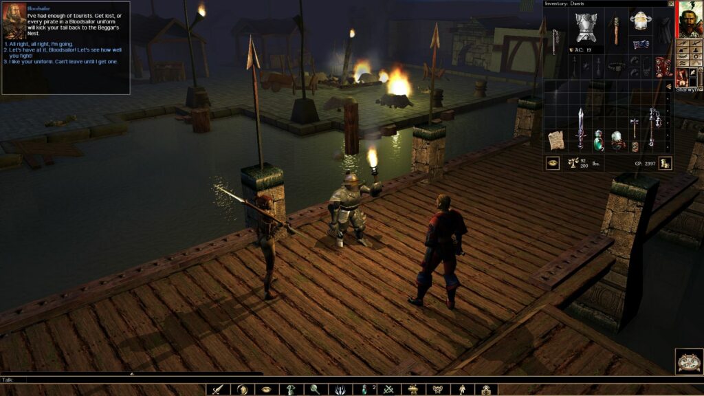 The player character talks about pirates on a dock in a plague-sticken city