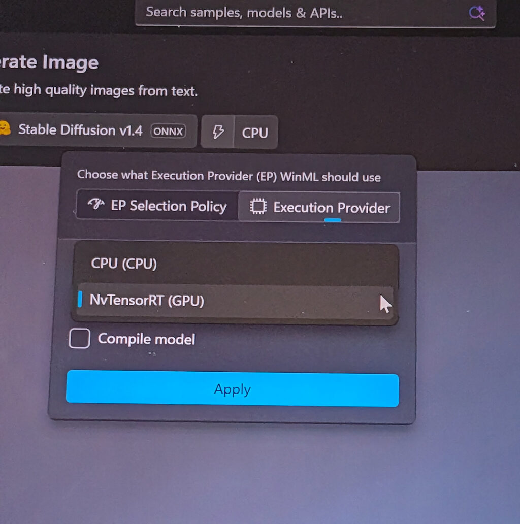 A pull-down menu inside AI Dev Gallery shows the option for CPU or GPU model processing