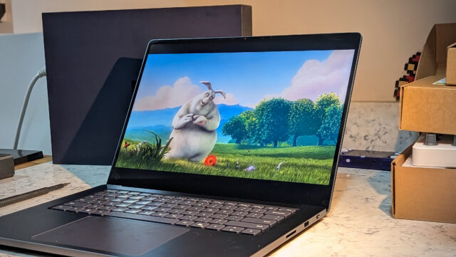 The surface laptop ultra displays big buck bunny in full screen.
