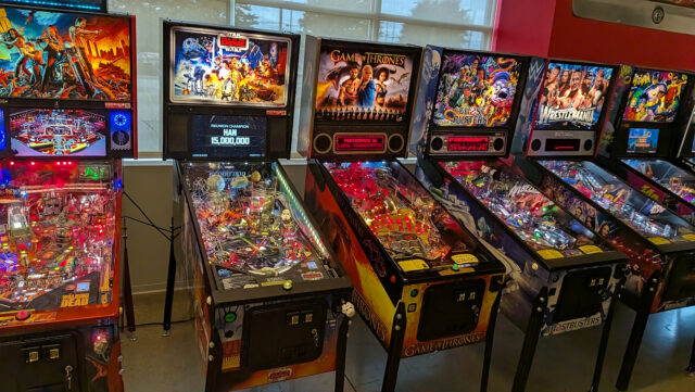 A row of game releases at the Stern HQ offices - including Game of Thrones, Ghostbusters, and Wrestlemania.