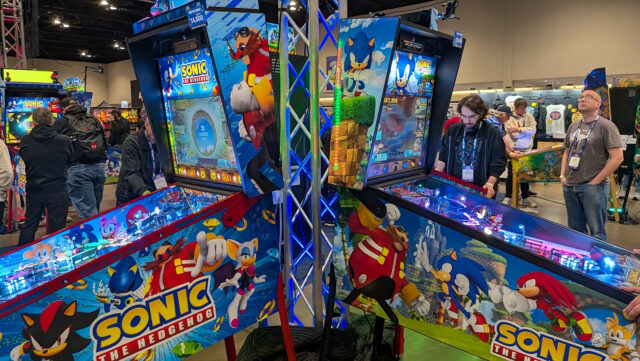 Two new Sonic the Hedgehog pinball machines sit back to back
