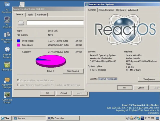 A ReactOS screenshot showing off its new NTFS support