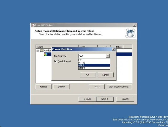 A window shows the option to format a drive to NTFS in ReactOS