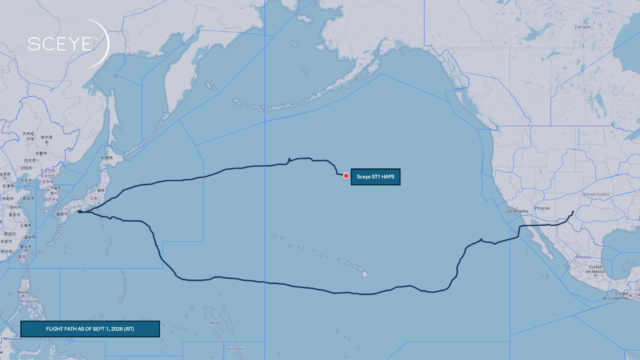 The trans-Pacific flight route of Sceye's helium-filled platform as seen on September 1, 2026.