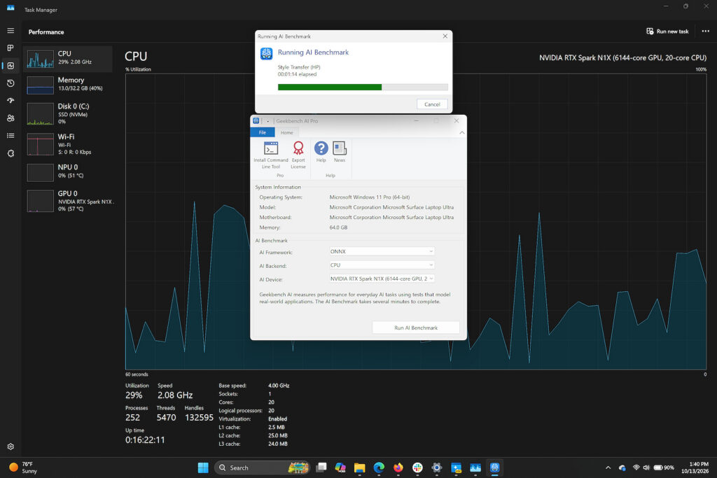 A screenshot shows Geekbench running an AI benchmark on the CPU. Task Manager is in the background.