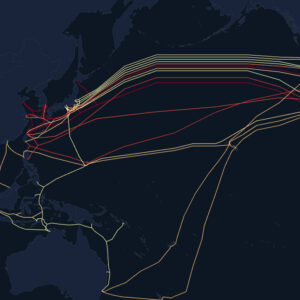 A map shows trans-Pacific undersea cables that are color-coded according to risk from sabotage and China's gray zone tactics. Red signifies greatest risk while lighter orange or yellow represent lower risk scores.